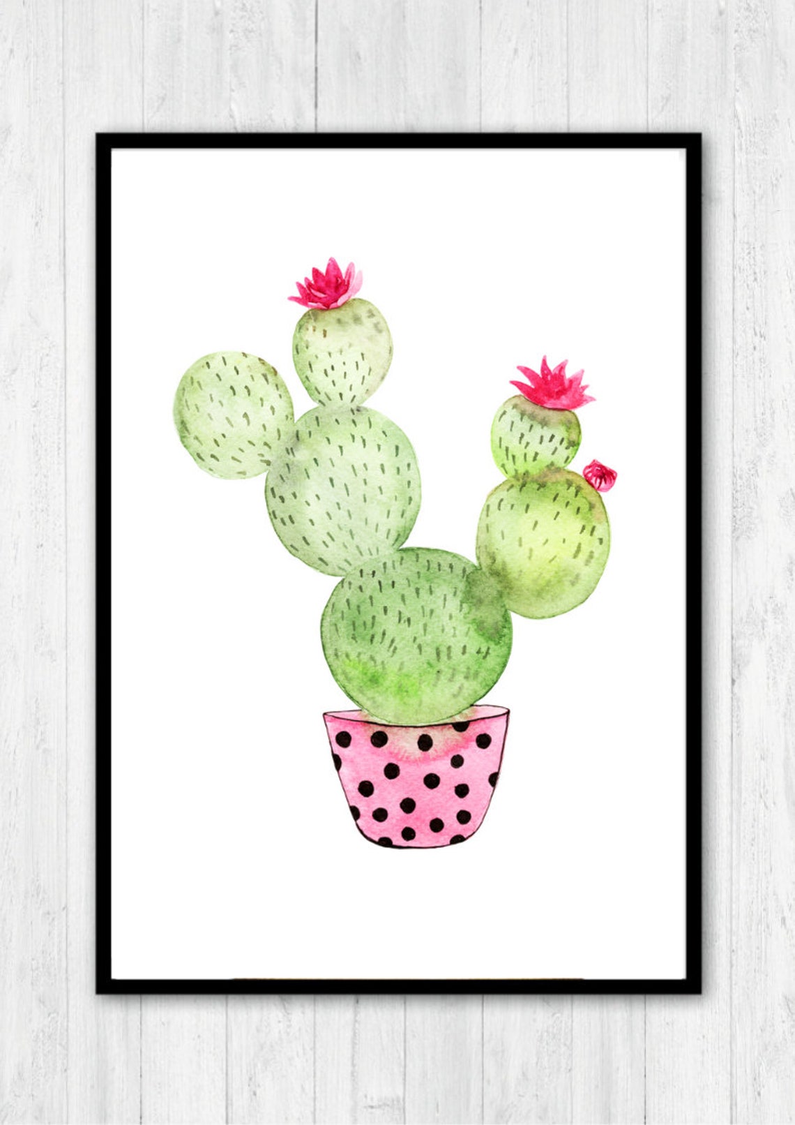 Blooming Prickly Pear Cactus Pink Polka Dot Pot Watercolor Poster - Image 2
