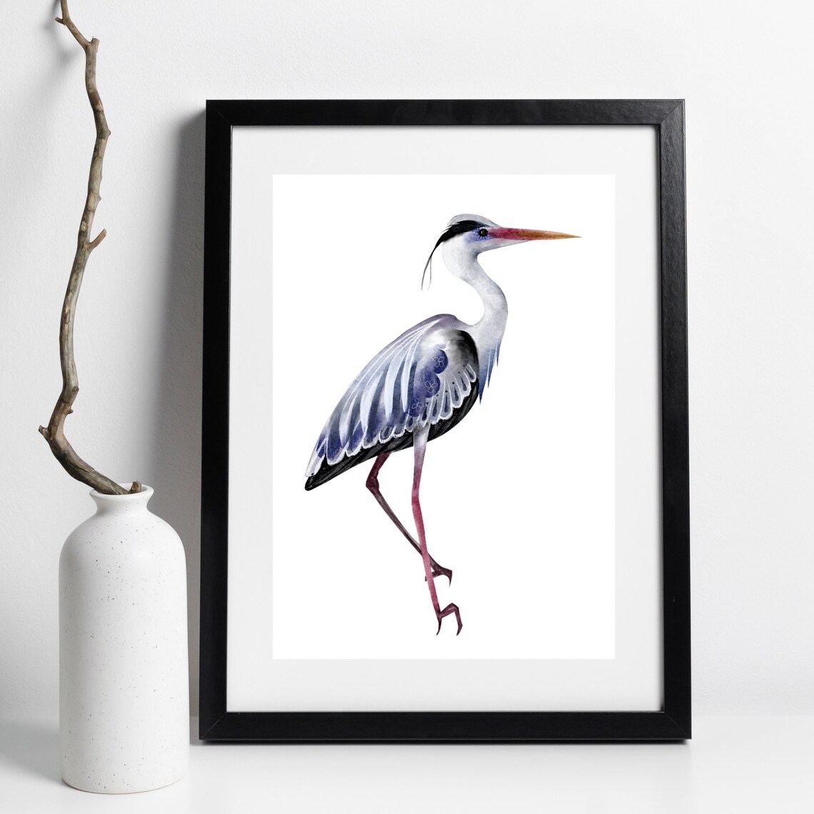 Grey Heron Standing Watercolor Bird Illustration Minimal Wall Art