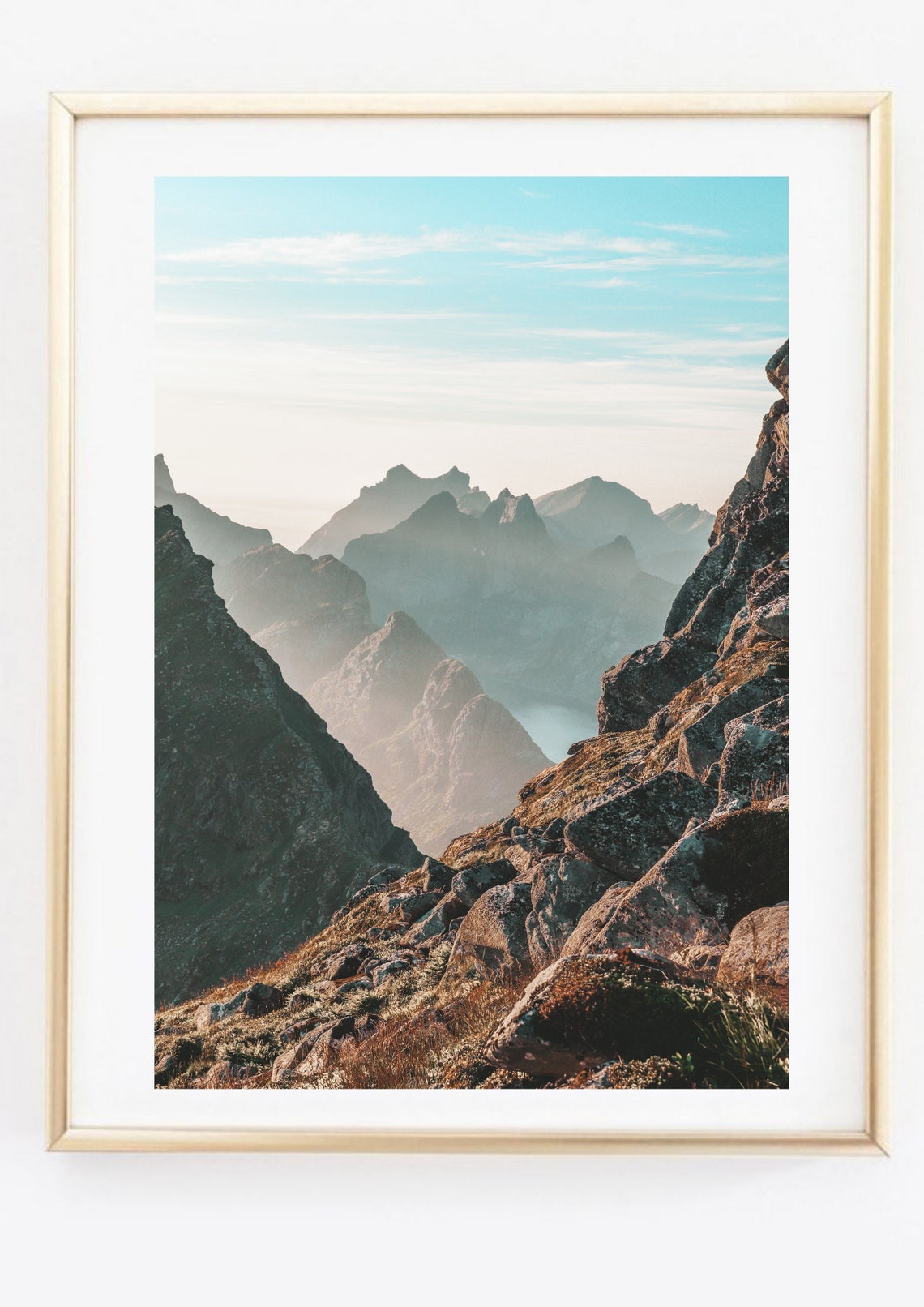Sunlit Rocky Mountain Peaks with Misty Valley View Wall Art Poster