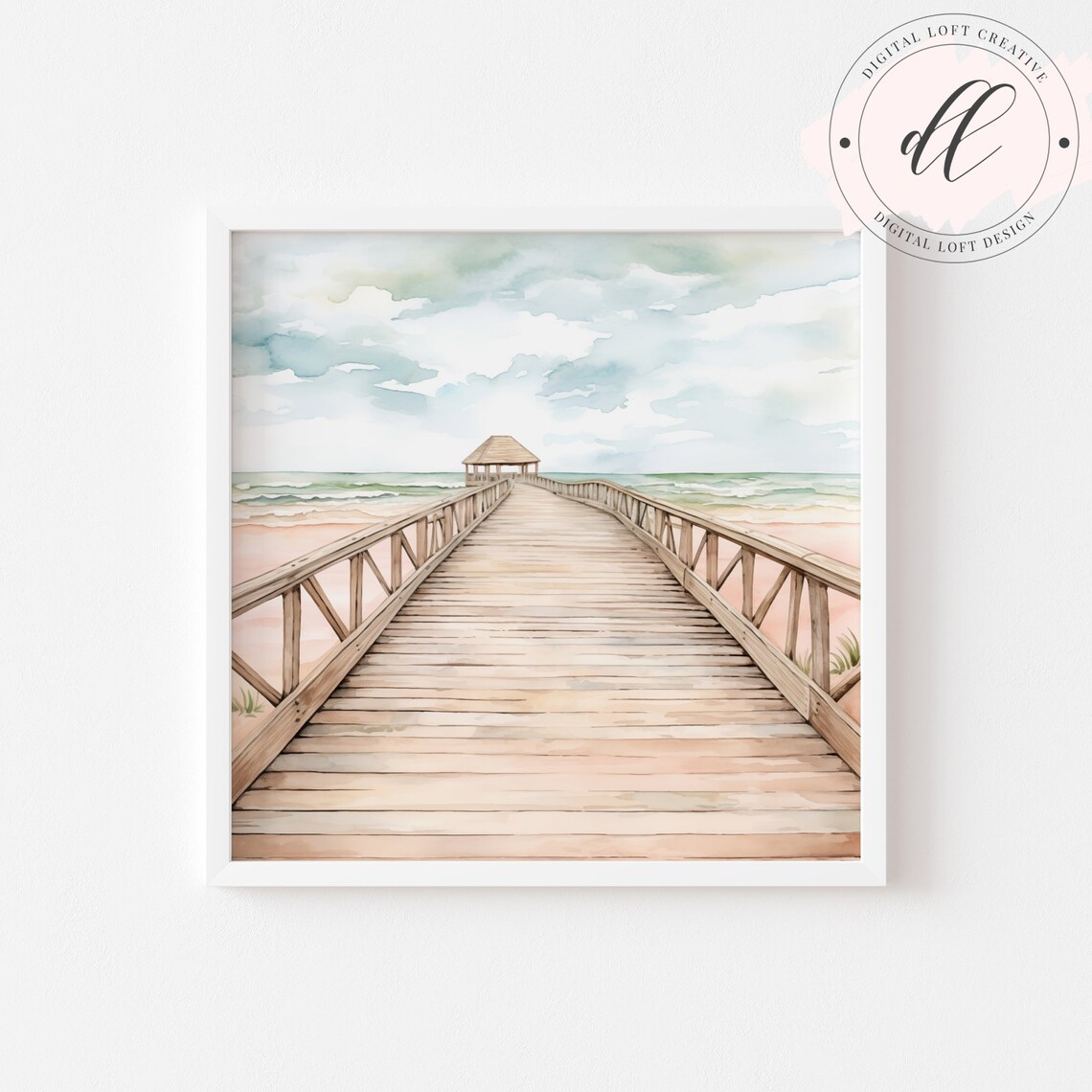 Long Wooden Ocean Pier Boardwalk Watercolor Coastal Path Poster - Image 2