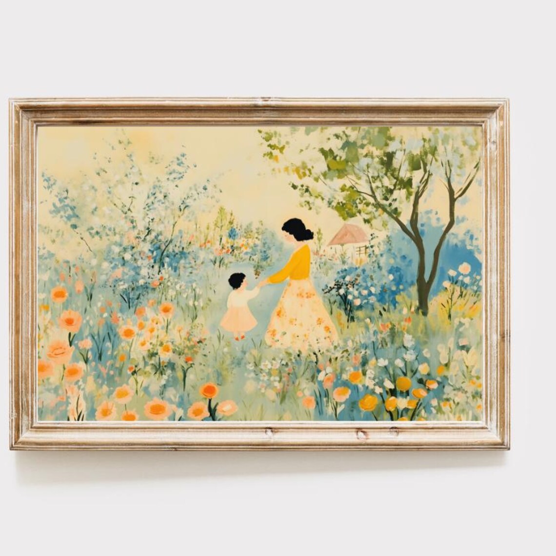 Mother and Daughter Walking in Golden Wildflower Meadow Art Poster