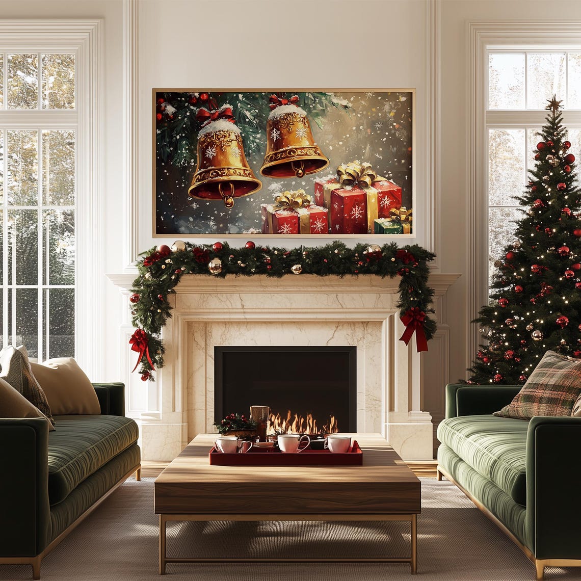 Golden Christmas Bells With Red Bows Above Snowy Gift Boxes Poster - Image 5