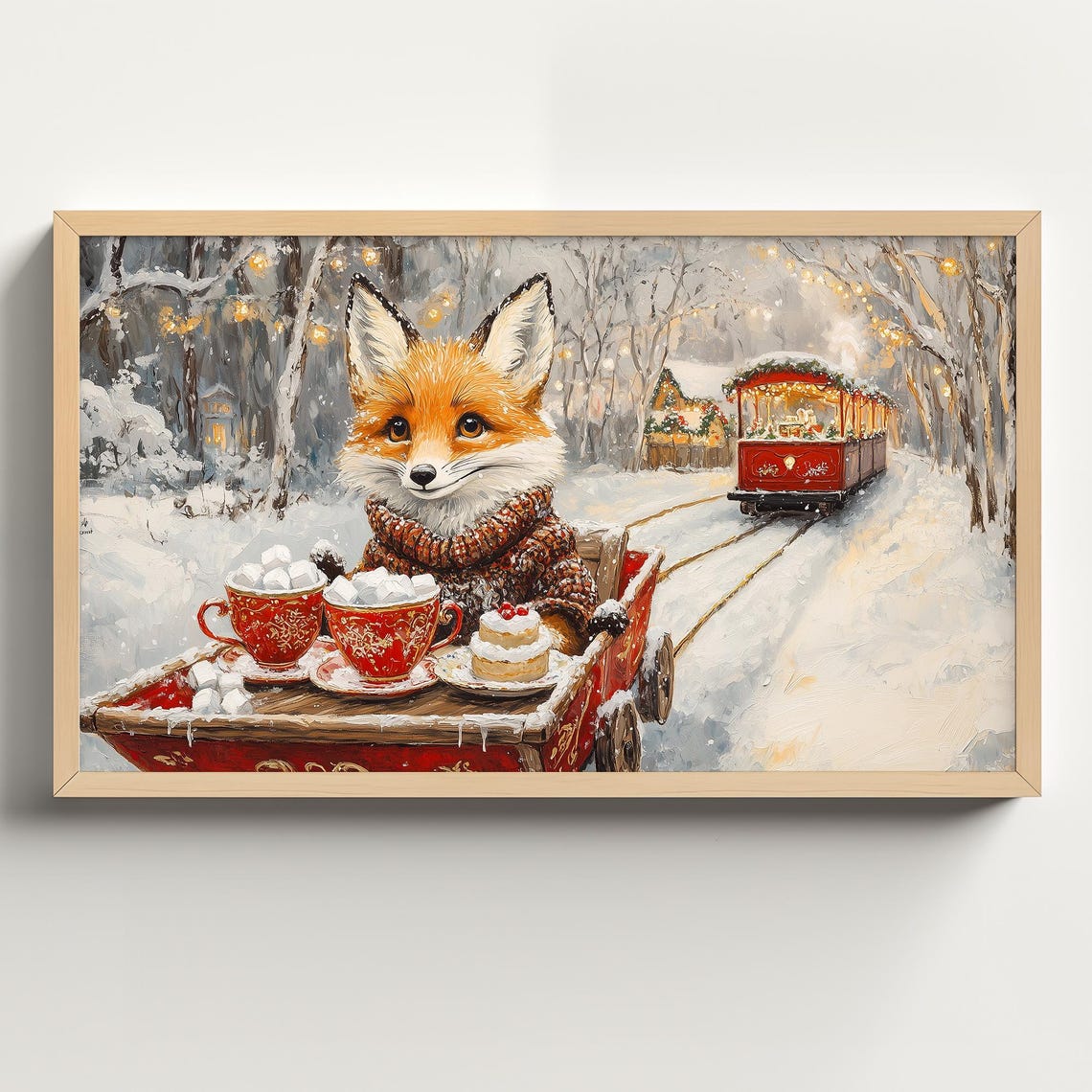 Fox in a Knit Sweater Serving Hot Chocolate on a Snowy Cart Poster