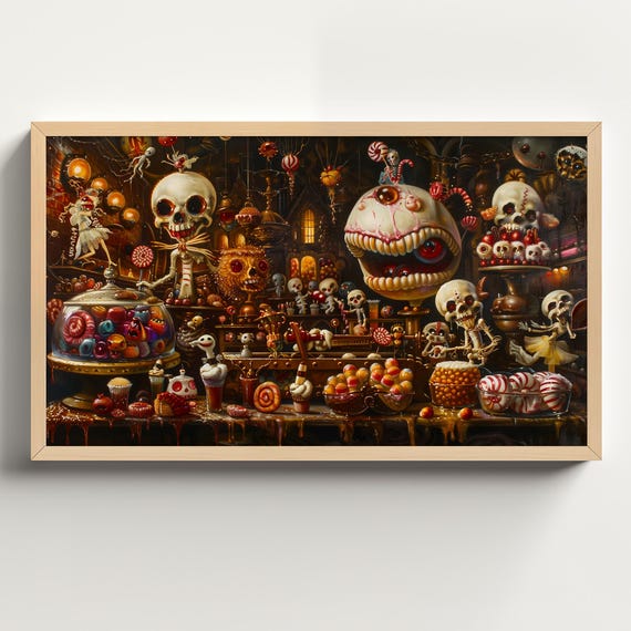 Halloween Frame Tv Art For Horror Candy Shop Spooky Decor Chocolate Factory Painting Dark Moody Fall Tv883