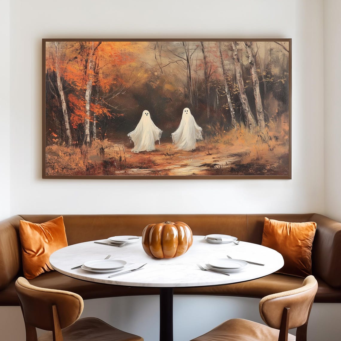 Two Ghosts Strolling Through Autumn Birch Woods Halloween Poster - Image 4