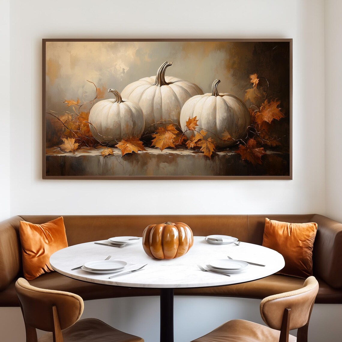 Fall Leaves and Pumpkin Still Life, Vintage Art Print - Image 4