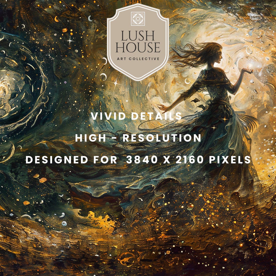 Celestial Witch Among Swirling Gold and Teal Starry Cosmos Poster - Image 3