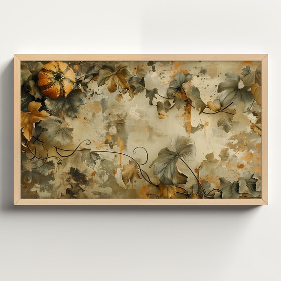 Muted Botanical Vines with Lone Pumpkin Neutral Grunge Wall Poster