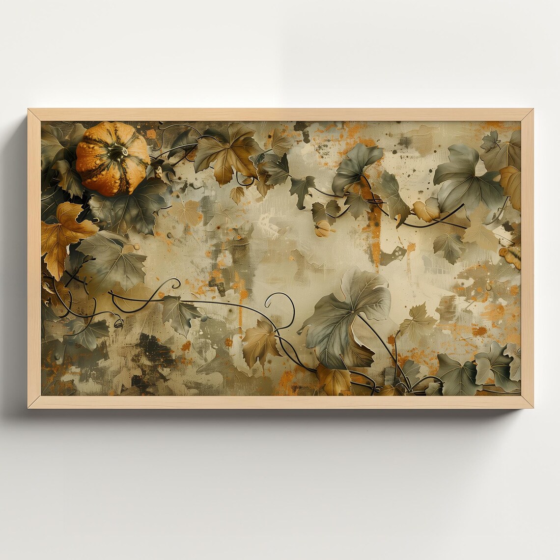 Muted Botanical Vines with Lone Pumpkin Neutral Grunge Wall Poster