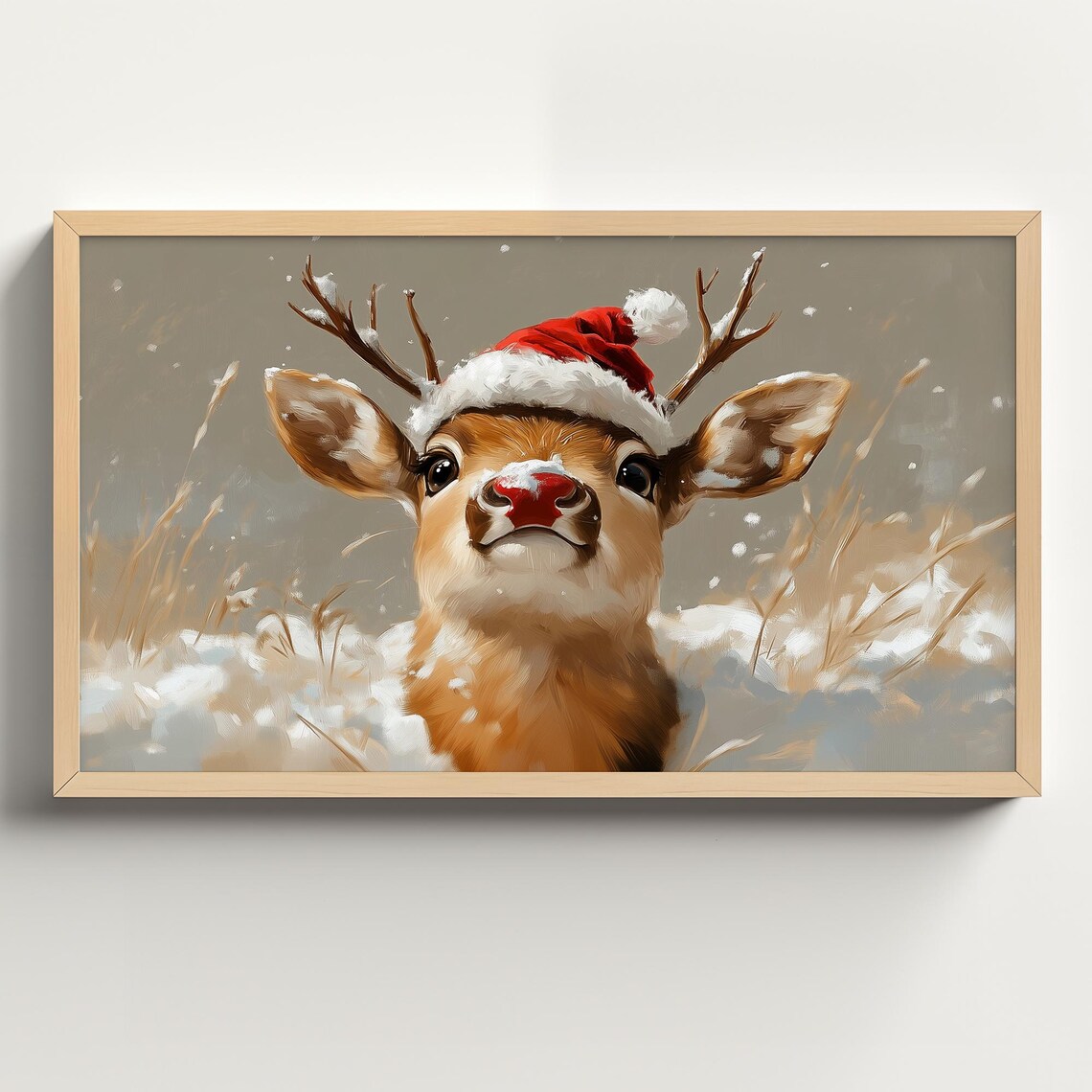 Baby Reindeer Wearing Santa Hat With Red Nose Cute Christmas Poster