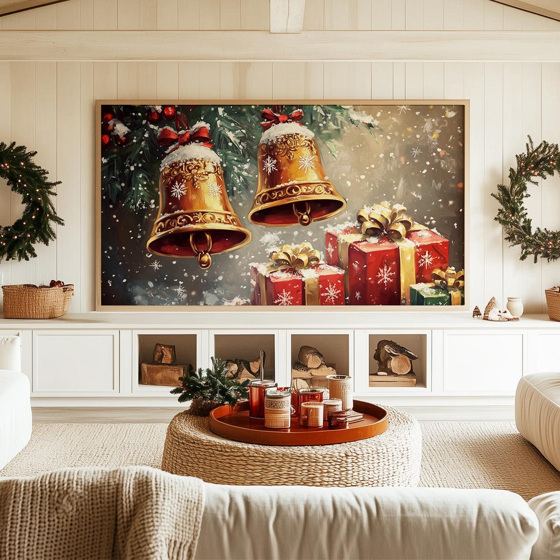 Golden Christmas Bells With Red Bows Above Snowy Gift Boxes Poster - Image 3