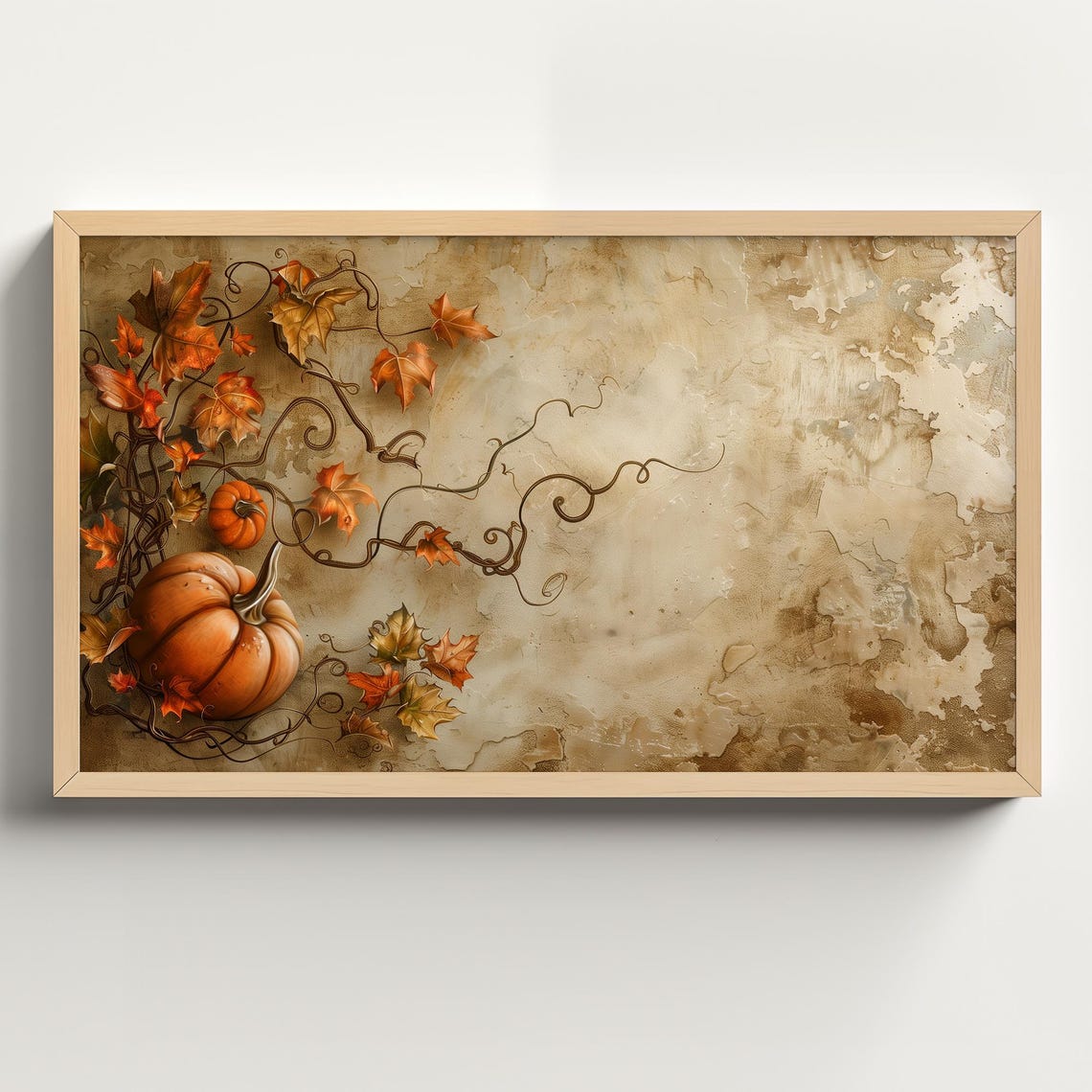 Orange Pumpkin and Trailing Autumn Vines on Neutral Plaster Poster