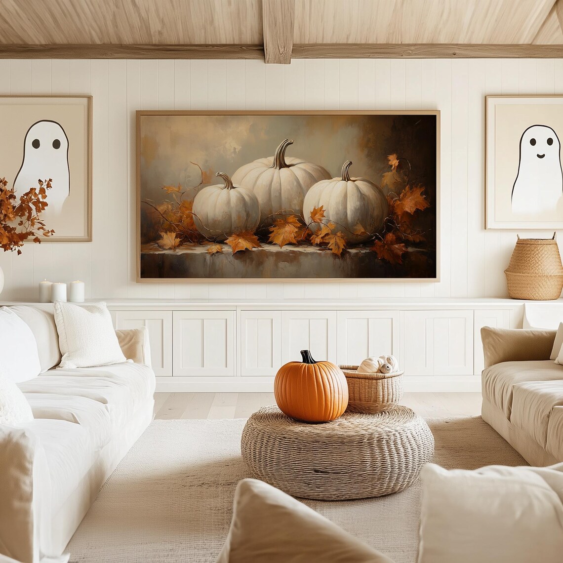 Fall Leaves and Pumpkin Still Life, Vintage Art Print - Image 5