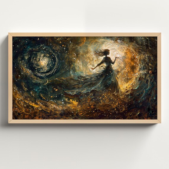 Celestial Witch Among Swirling Gold and Teal Starry Cosmos Poster