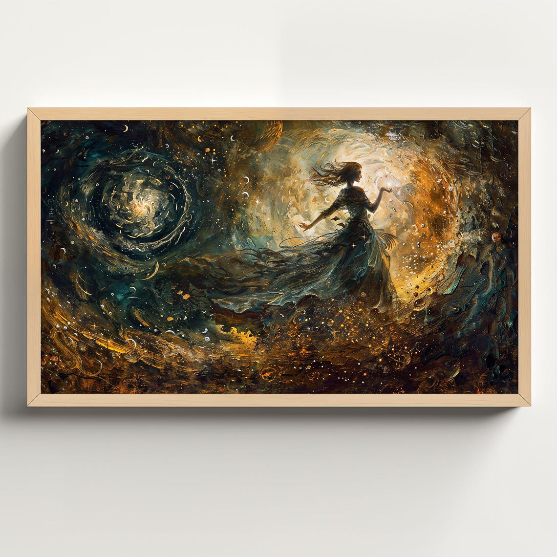 Celestial Witch Among Swirling Gold and Teal Starry Cosmos Poster