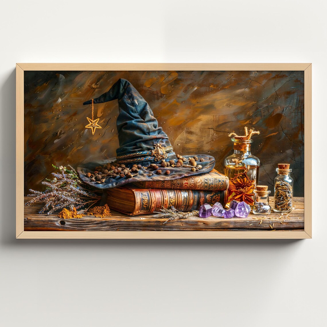Witch Hat Resting on Spell Books With Potions and Amethyst Crystals Poster