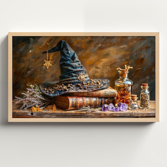 Witch Hat Resting on Spell Books With Potions and Amethyst Crystals Poster