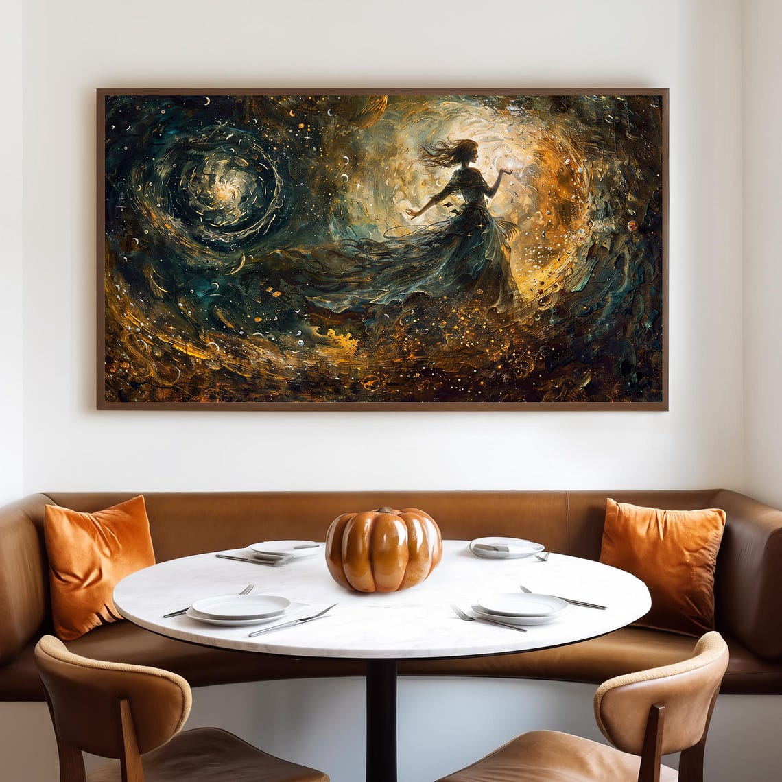 Celestial Witch Among Swirling Gold and Teal Starry Cosmos Poster - Image 4