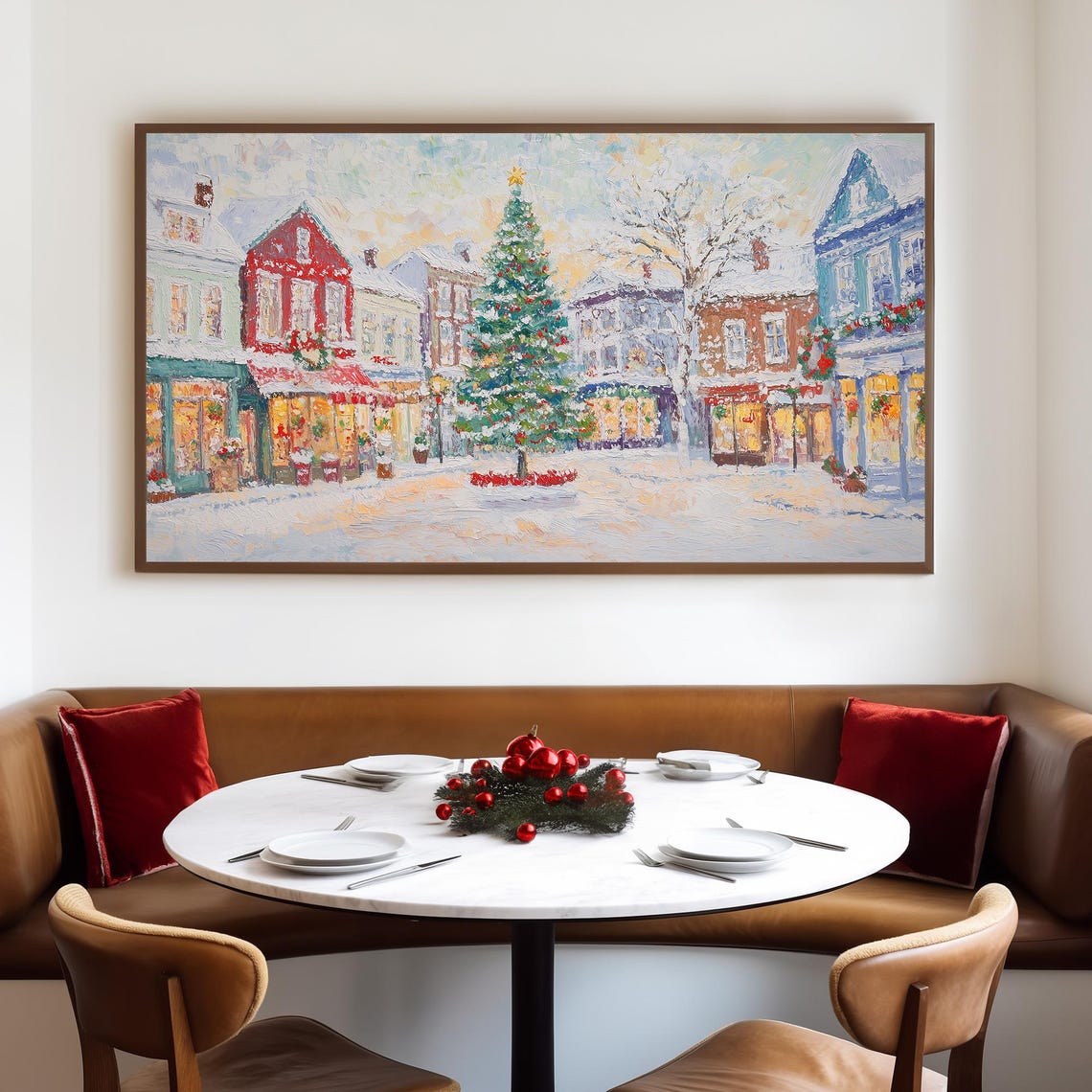 Snowy Town Square with a Lit Christmas Tree and Painted Shops Poster - Image 4