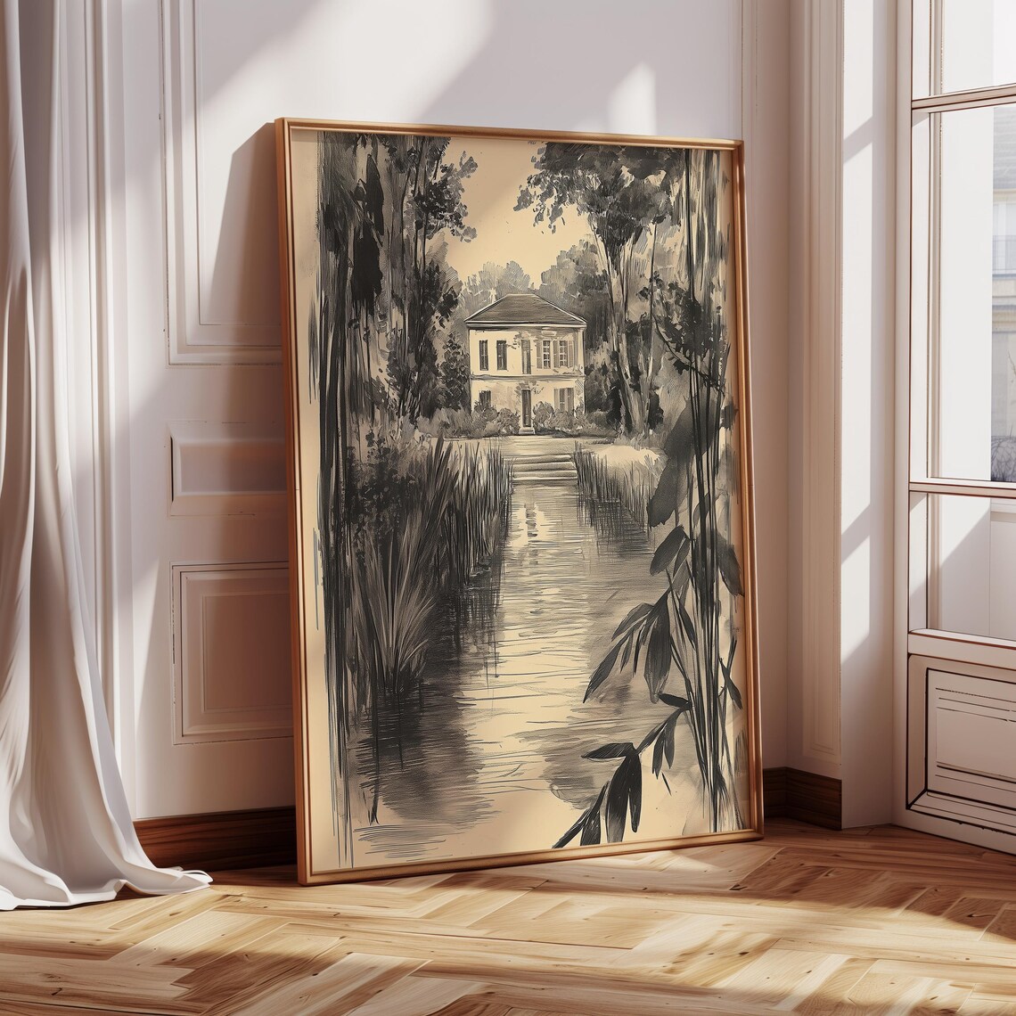 French Estate Garden Sketch, Vintage Art Print