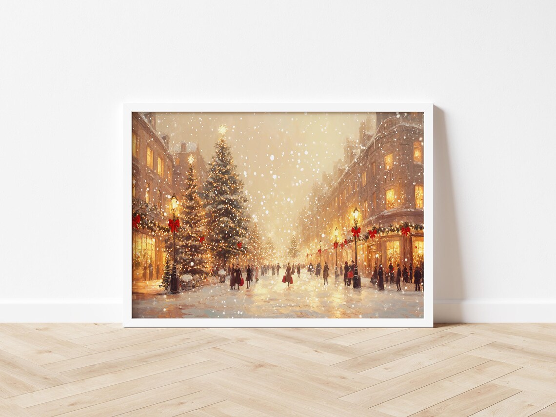 Neutral Christmas Oil Painting Art Print, Vintage Holiday