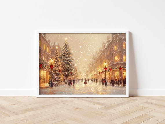 Neutral Christmas Oil Painting Art Print, Vintage Holiday