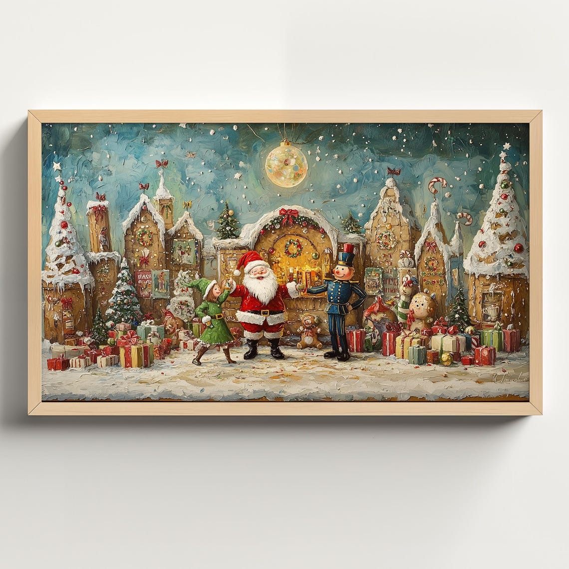 Santa Celebrating with an Elf and Nutcracker in a Candy Village Poster