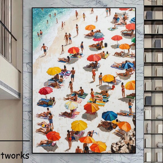 Sunny Beach Party Red Umbrellas Ocean Surf Summer Scene Art Poster