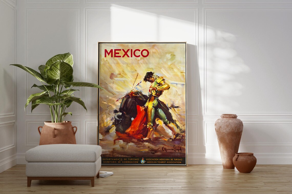 Mexico Vintage Travel Poster Bullfight Matador Red Cape Arena Painting - Image 3