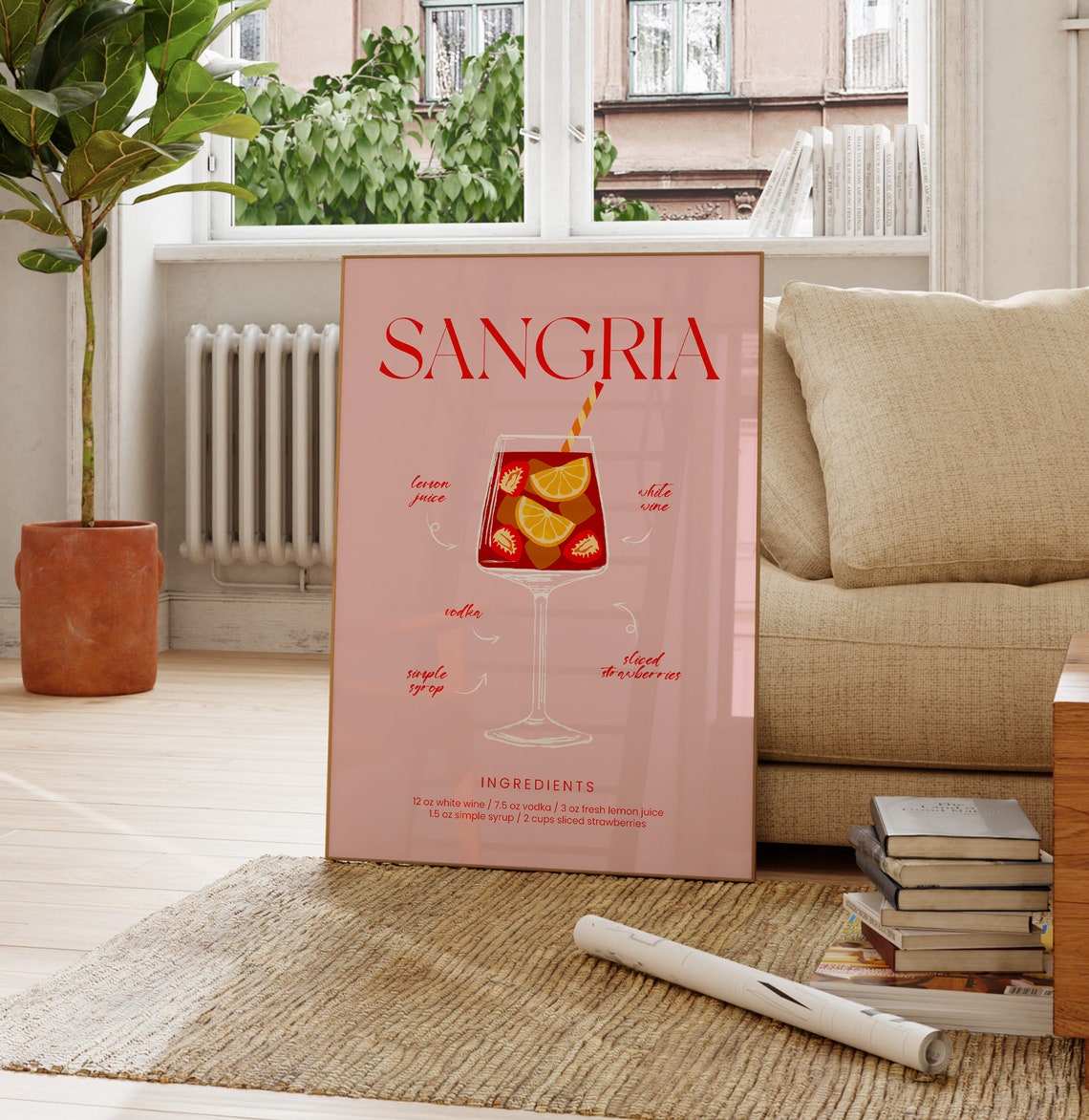 Sangria Cocktail Ingredients Recipe Elegant Pink Bar Wall Art Poster - Image 4