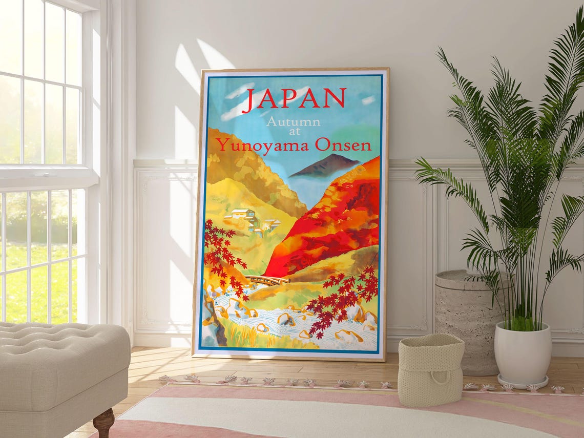 Japan Autumn At Yunoyama Onsen Red Maple Valley Vintage Travel Poster - Image 3