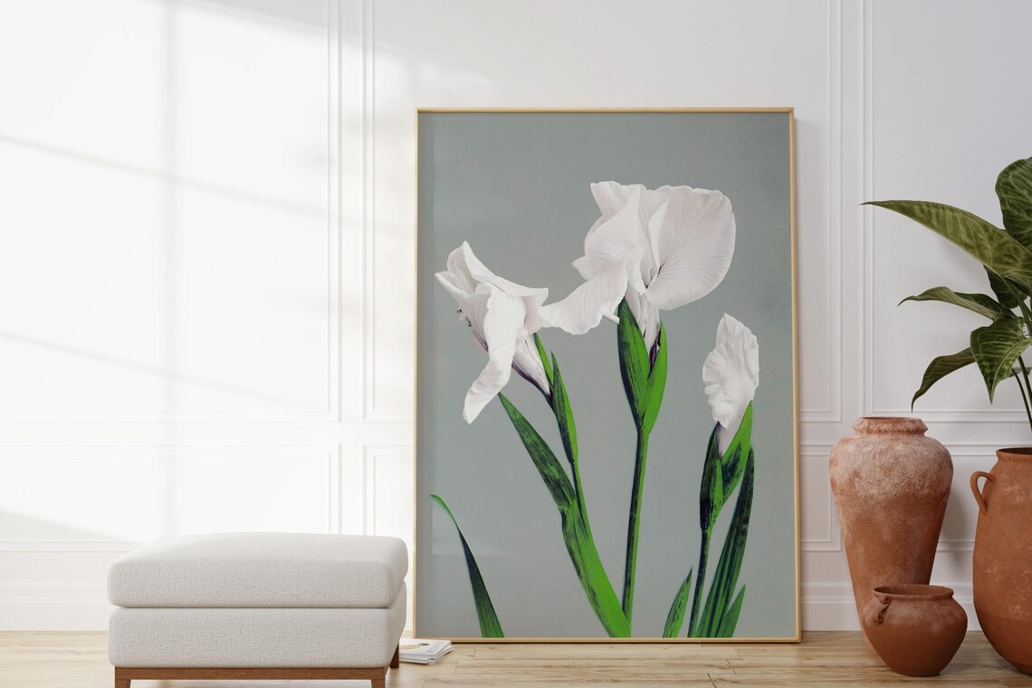 White Iris Flowers Japanese Woodblock Style Elegant Botanical Wall Art - Image 4