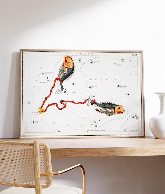 Pisces Zodiac Constellation Star Map Vintage Celestial Twin Fish Art Print