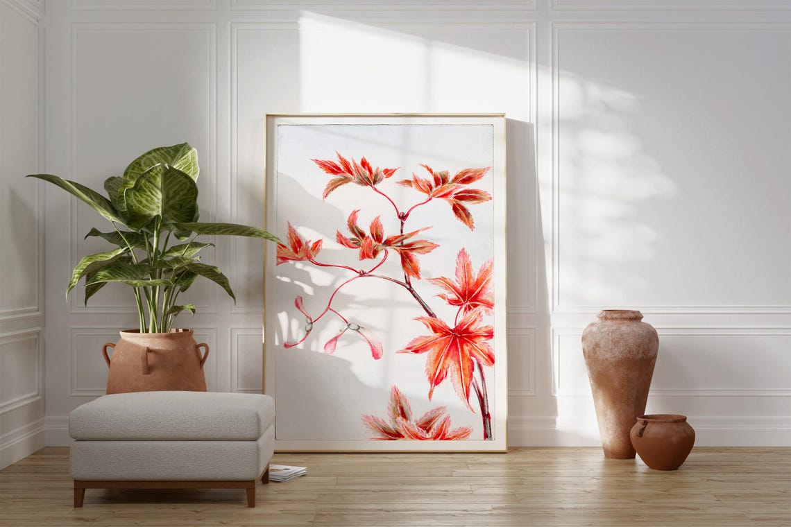 Japanese Red Maple Momiji Branch Watercolor Botanical Wall Art - Image 2