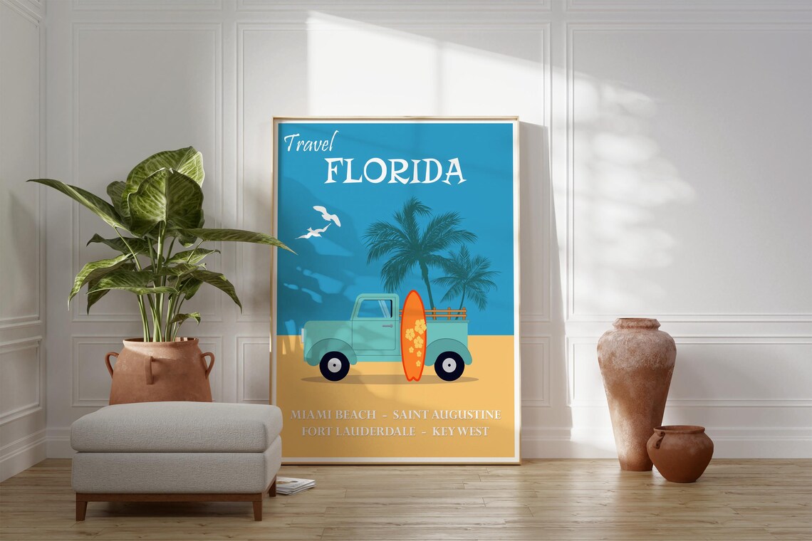 Florida Travel Poster Surf Truck Palm Beach Retro Coastal Decor Print - Image 3