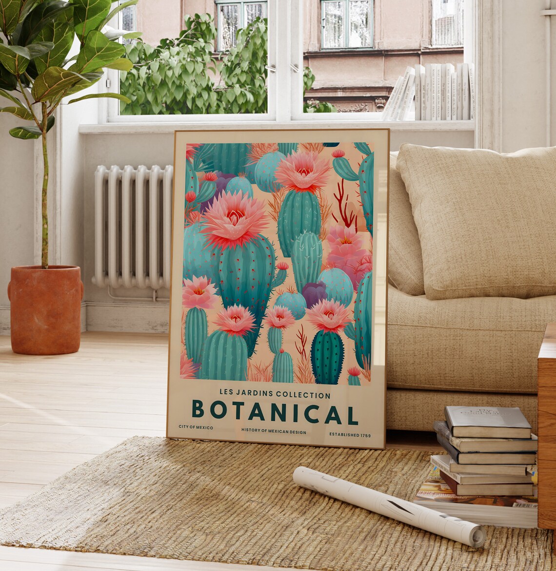 Blue Cactus Pink Flowers Mexican Botanical Les Jardins Art Poster - Image 4