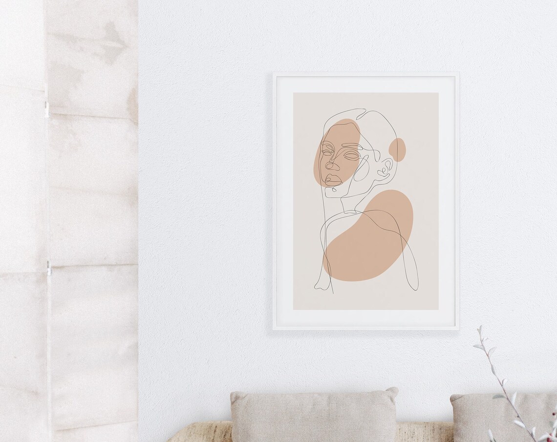 Woman Face Continuous Line Drawing Minimalist Beige Abstract Poster