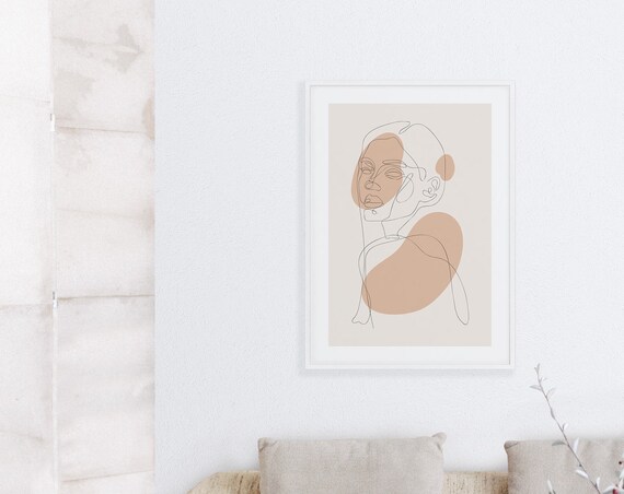 Woman Face Continuous Line Drawing Minimalist Beige Abstract Poster