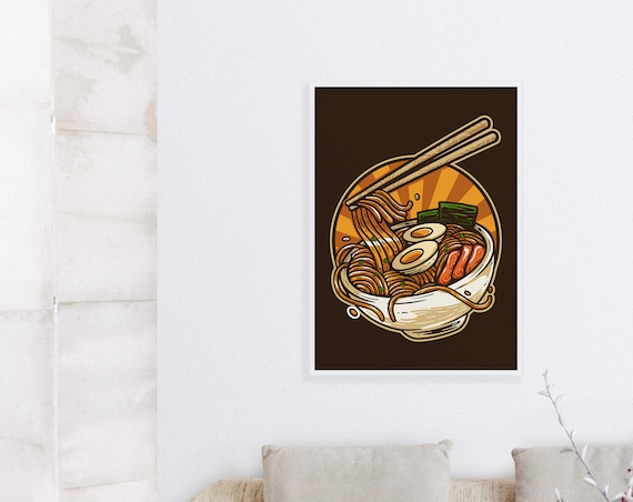 Retro Ramen Bowl Chopsticks Sunburst Japanese Food Art Poster