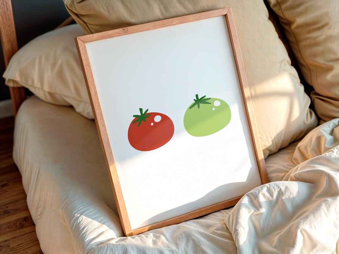 Two Minimal Red Green Tomatoes Modern Kitchen Cute Vegetable Illustration Gift Art Poster