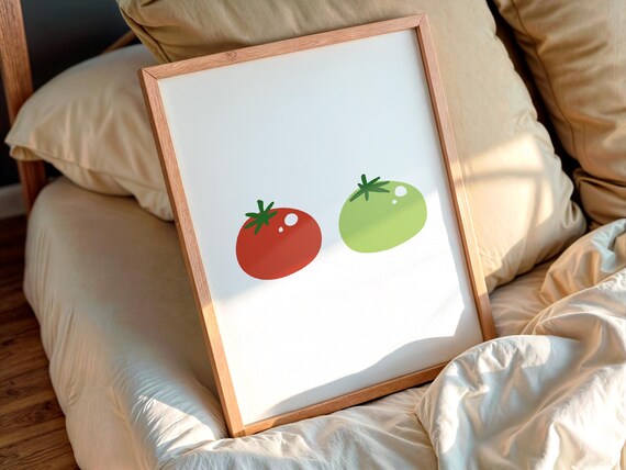 Two Minimal Red Green Tomatoes Modern Kitchen Cute Vegetable Illustration Gift Art Poster