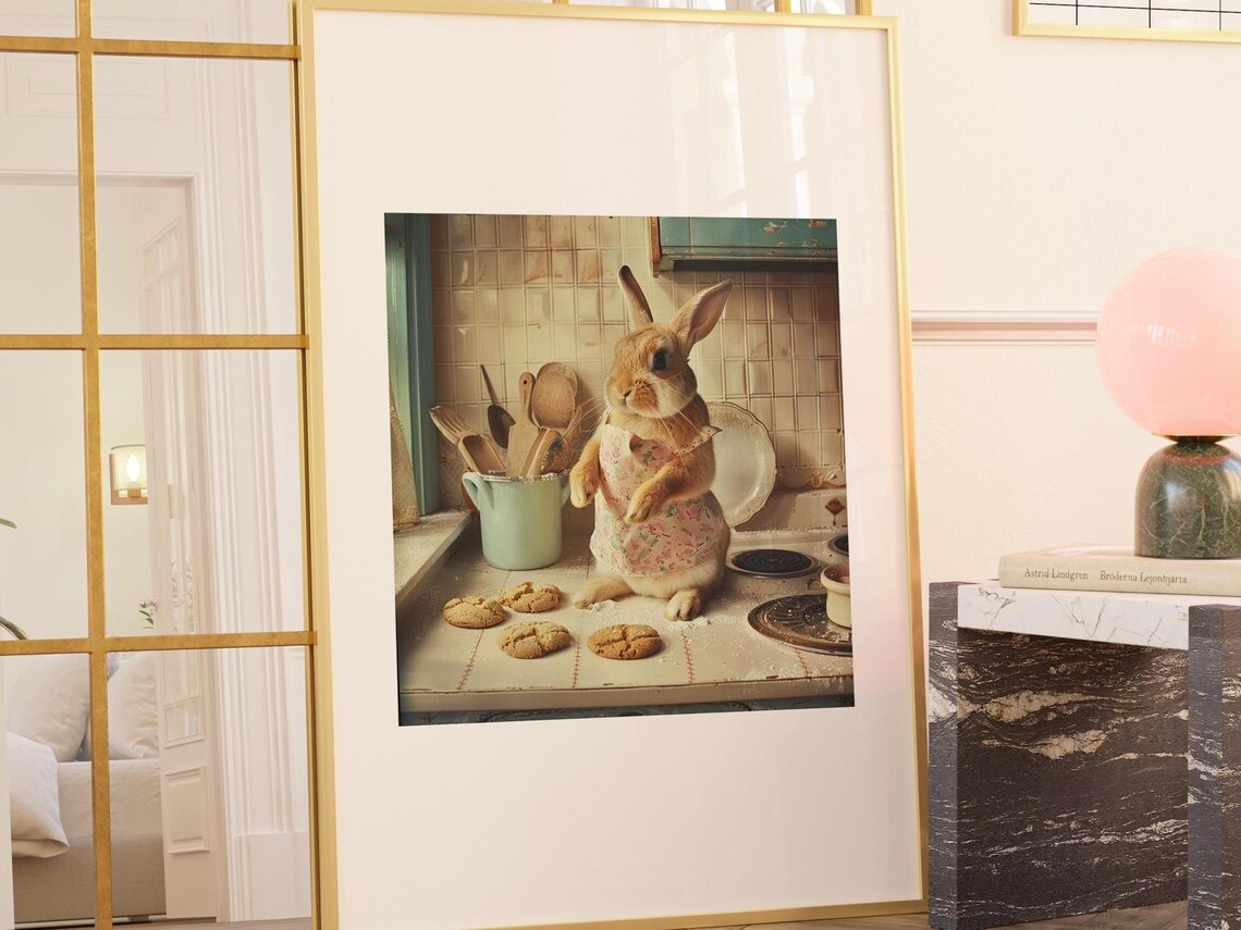 Bunny Baker in Floral Apron Baking Cookies Kitchen Animal Poster