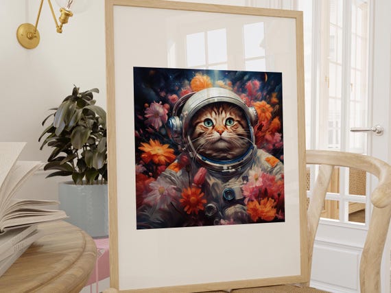 Floral Cats Gift Birthday For Her Wall Art Space Astronaut Print Funky Canvas Large Dorm Decor Quirky Unique Flowers Beautiful