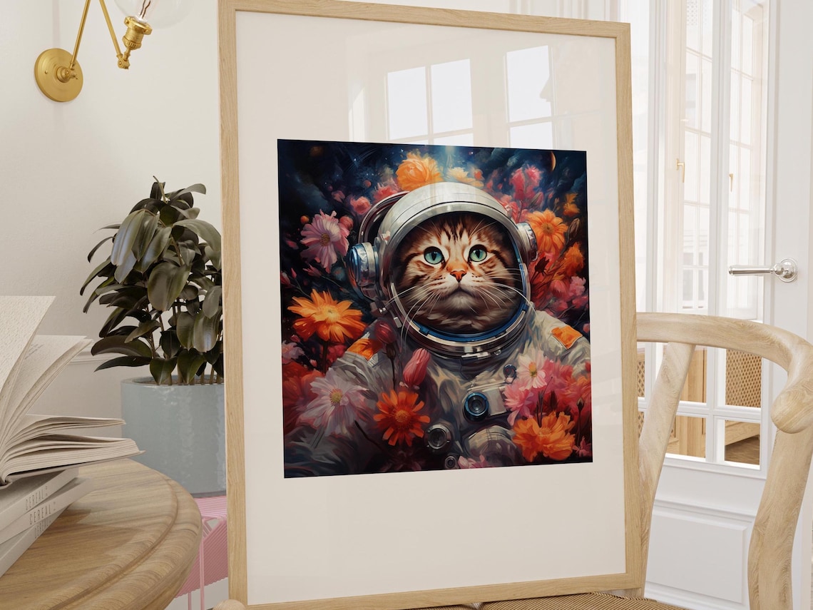 Tabby Cat Astronaut in Space Among Flowers Surreal Cosmic Animal Poster