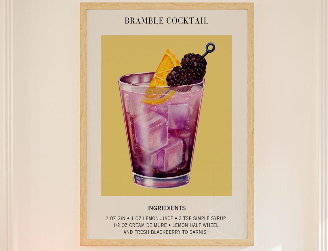 Bramble Cocktail Recipe Gin Blackberry Illustrated Kitchen Bar Poster