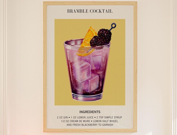 Bramble Cocktail Art Bar Cart Decor Poster Party Signature Drink Sign Trendy Wall Minimalist Elegant Sophisticated Retro Purple