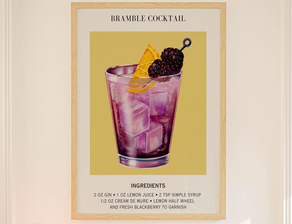 Bramble Cocktail Recipe Gin Blackberry Illustrated Kitchen Bar Poster