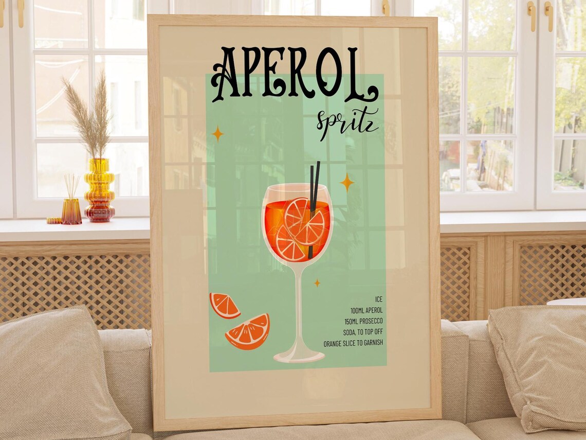 Aperol Spritz Cocktail Recipe Poster in Retro Mint Green Design