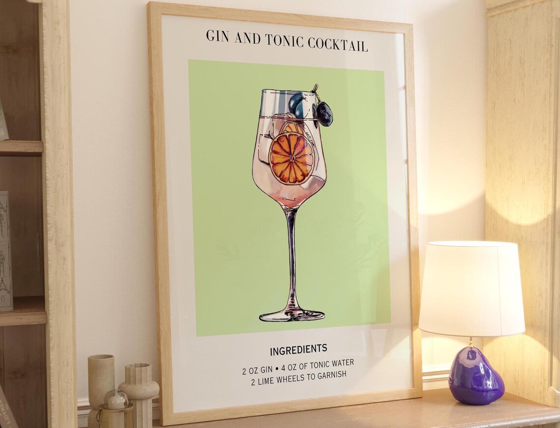 Bar Cart Print, Cocktail Poster, Minimalist Retro