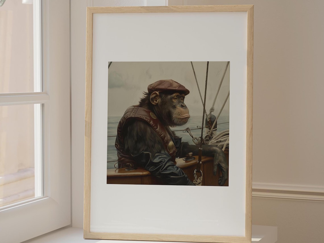 Chimpanzee Sailor In Vintage Nautical Boat Whimsical Art Poster